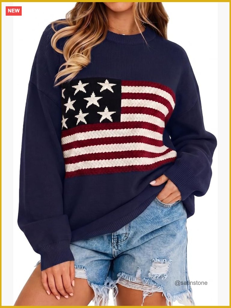 American Flag Graphic Sweater Pullover Crewneck Loose Fit